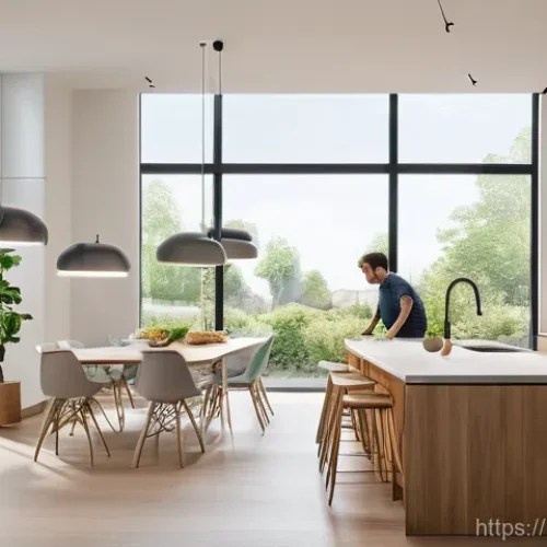 Home 21 스마트 센서 개발자 - **Prompt:** A modern, brightly lit open-plan smart home interior, showcasing a diverse family (a mot...
