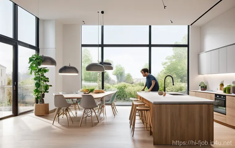 스마트 센서 개발자 - **Prompt:** A modern, brightly lit open-plan smart home interior, showcasing a diverse family (a mot...